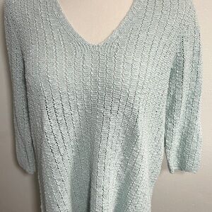 J Jill‎ Sweater Womens XL Crochet Open Knit V-Neck Agean Mist Coastal A5